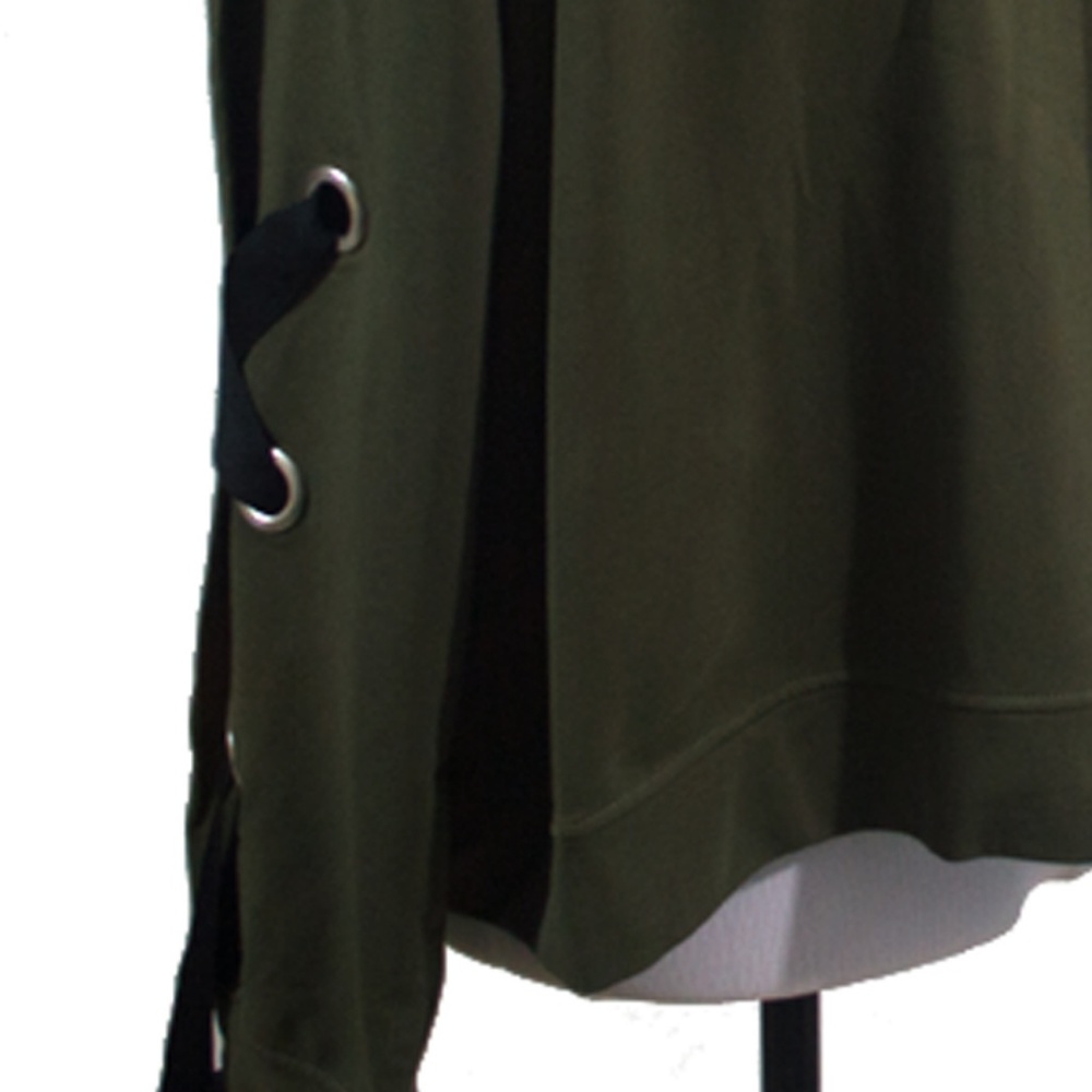 French Terry Lace-Up Green Long Sleeve Sweater - Picture 4 of 9